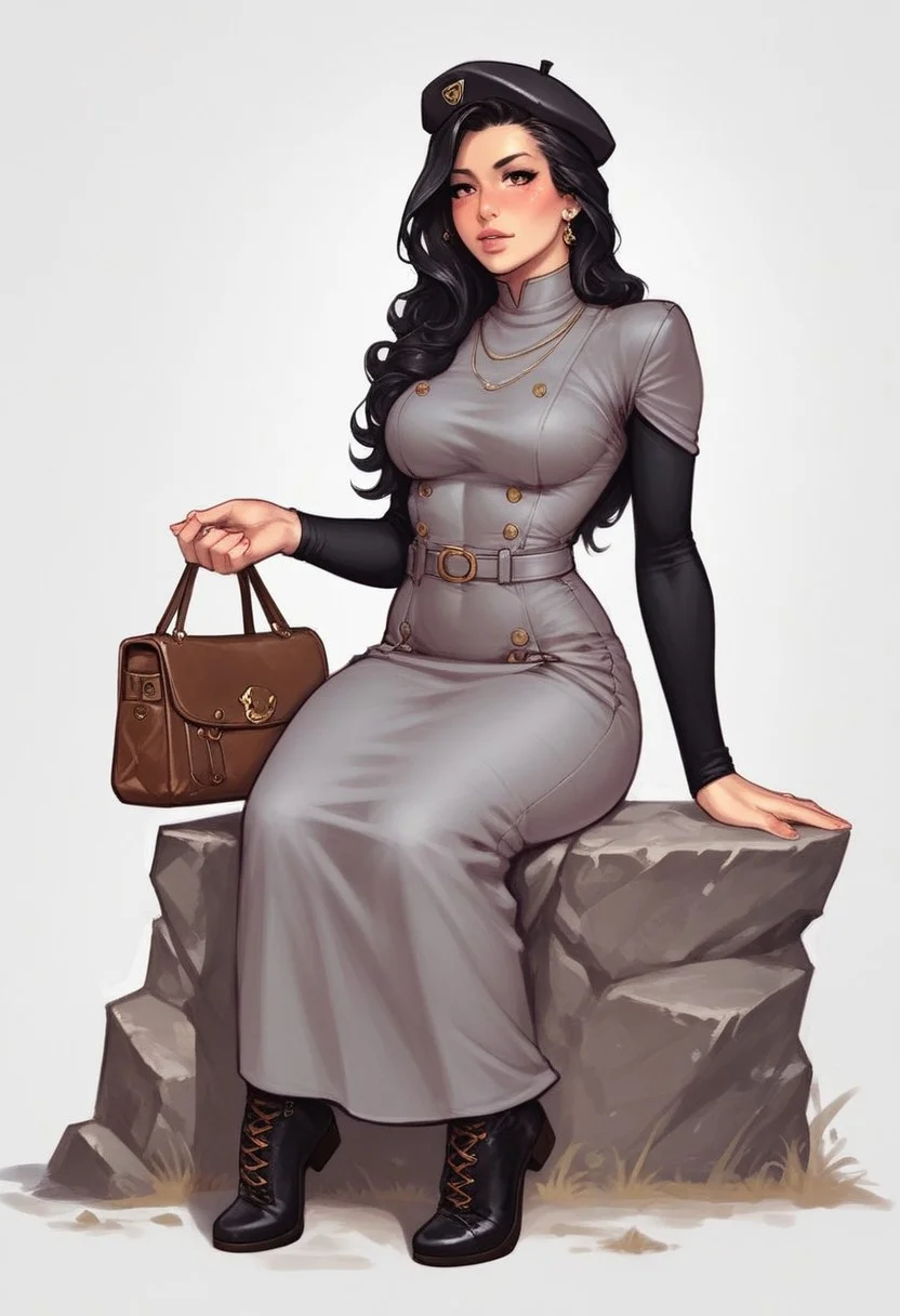 <lora:f4nto_v2:50>, f4nt,
retro artstyle,1980s \(style\), science fiction, realistic, solo focus,
<lora:retro-comic-80:1>,
1girl, solo, black hair, hat, long hair, grey dress, dress, black headwear, white background, sitting, leaning to the side, long sleeves, beret, arm support, looking to the side, simple background, realistic, jewelry, yokozuwari, brown eyes, earrings, blush, bag, (((full clothed))),
BREAK
strange world background score_9, score_8_up, score_7_up, score_6_up, source_cartoon, rating_explicit, Expressiveh, (((((full body))))), dynamic pose