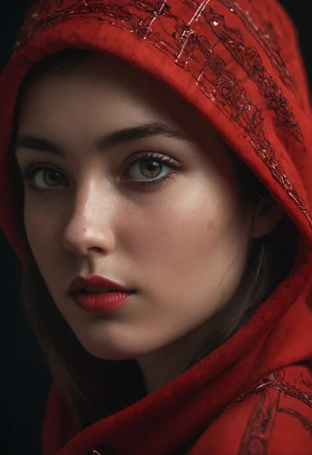 extreme Close-up portrait of a mysterious girl in red clothing, alluring, sexy pose, amazing shallow depth, (dramatic lights:1.4), hyperrealism, geometric patterns, intricately detailed, bokeh, perfect balanced, deep fine borders, artistic photorealism , smooth, great masterwork, 35mm film, masterpiece, high quality, detailed skin with visible pores, insane details, 8k, high definition, dslr, photo in phst artstyle