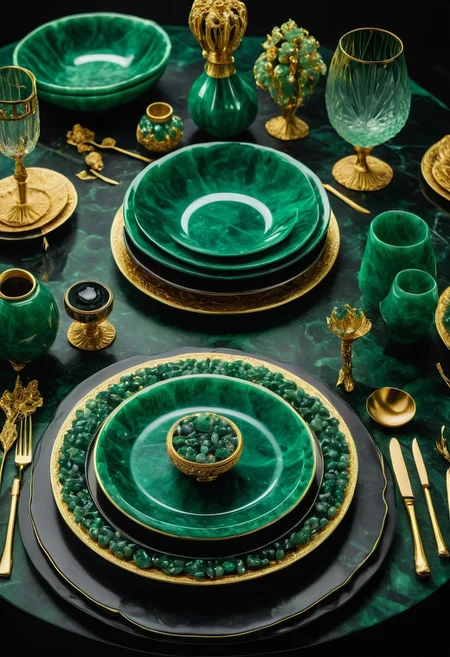made from jade and obsidian, jade, obsidian,score_9, score_8_up, score_7_up, expensive looking,dining table, noble cutlery, gold, crystal