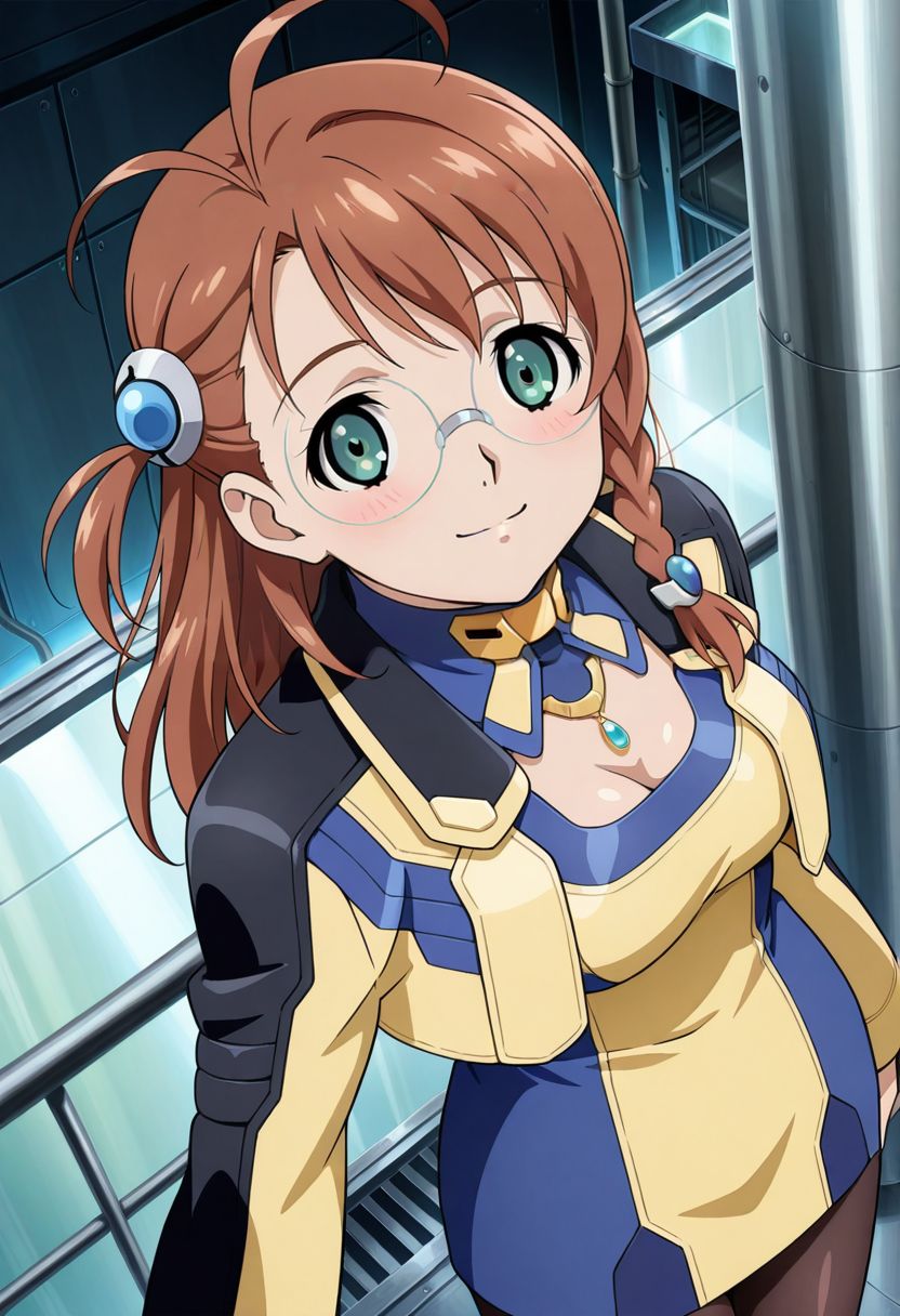 detailed eyes, beautiful, detailed background, perfect eyes,
source_anime, very aesthetic, anime coloring, masterpiece, official art,
<lora:HandFineTuning_XL:1>
BREAK,
factory, sci-fi, 
cowboy shot, from above, dynamic angle, 
light smile, blush, looking at viewer,
BREAK,
<lora:shion_illustrious_v03:0.8>
shion uzuki, brown hair, single braid, ahoge, long hair, glasses, round eyewear, parted bangs,  green eyes, 
cropped jacket, yellow dress, breast cutout,
pantyhose, yellow footwear,