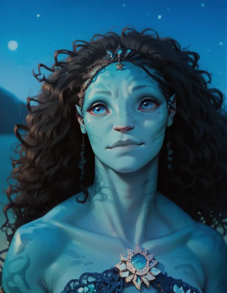 1girl, portrait, blue skin, blue eyes, curly hair, solo, at night, stars, dark, looking at the left, closed mouth, (smile:0.5) <lora:Tsireya:0.9> tsireya, score_9, score_8_up, score_7_up, score_6_up, 2d, digital art, masterpiece <lora:Expressive_H:0.4> expressiveh <lora:princess_xl_v2:0.3> <lora:g0th1c2XLP:0.3> g0th1c