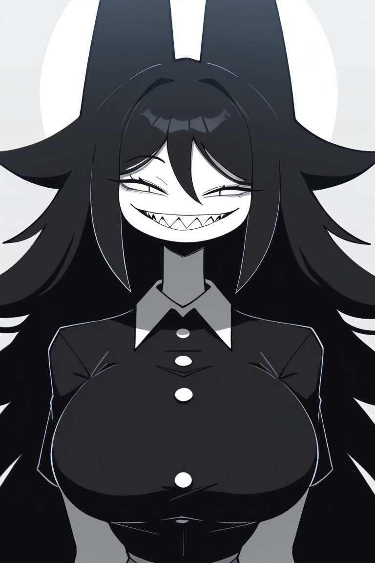 masterpiece, best quality, newest, highres,very aesthetic, absurdes, beautiful, high contrast, misscircle, 1girl,spikey hair, animal ears, black hair, large breasts, no nose, sharp_teeth,  grin, upper_body , slit_pupils, grayscale, monochome