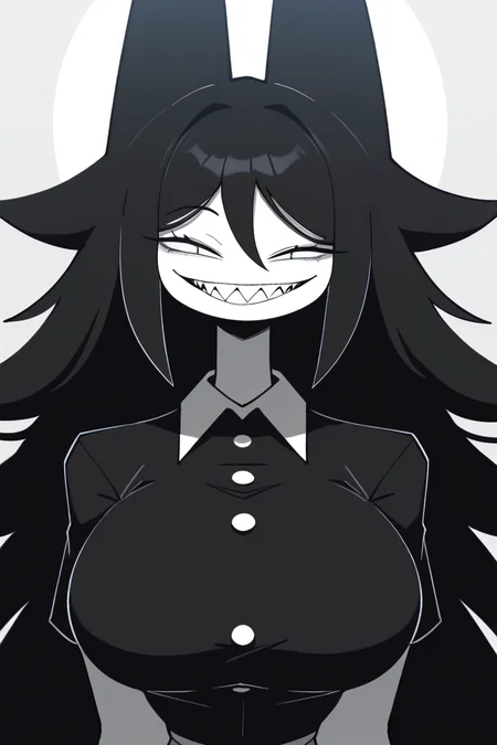 masterpiece, best quality, newest, highres,very aesthetic, absurdes, beautiful, high contrast, misscircle, 1girl,spikey hair, animal ears, black hair, large breasts, no nose, sharp_teeth, grin, upper_body , slit_pupils, grayscale, monochome