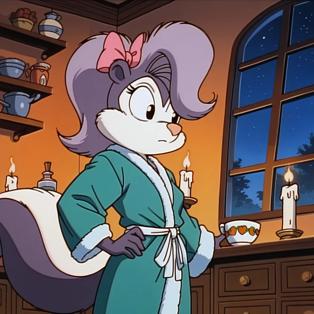 ((dutch angle)), (()), (Fifi la fume), looking to the side, candle, standing, night, kitchen, windows, one hand holding a cup coffee, hand on hip,  solo, female, [[[skunk]]], [[[ear bow]]], short stack, anthro, young, (bathrobe),  <lora:FifilafumeTMS_Version1.0:1.00> fluffy tail, <lora:90s_Retro_anime_style_Pony:1> retro anime style, golden boy anime style, score_9, score_8_up, score_7_up, score_6_up, source_furry,
detailed background,