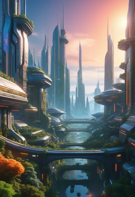 dawn, small colorful scifi future city, with a lot of nature.
score_9, score_8_up, score_7_up, score_6_up, score_5_up, score_4_up, UHD, 8K, masterpiece, detailed, ultra_high_resolution, lots of detail, OverallDetailXL.