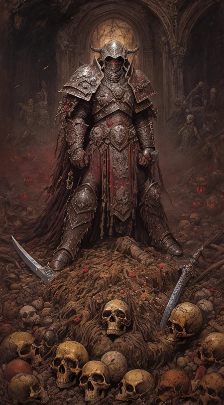 a male chaos warrior of khorne in armor is holding a great sword in a ruined post-apocalyptic city, sci-fi, fantasy, horror, skulls on the ground, blood, Storm, , (James Ensor,Unica Zurn,Zdzislaw Beksinki:1.25), Skeletons,Weeping statues, Paranormal,Apparition, (Metallics:1.1), (Shape:1.1), (Monotyping:1.1), (Strobe light:1.2), Stone, Rhombus, ultra detailed, intricate, oil on canvas, dry brush, (surrealism:1.1), (disturbing:1.1) <lora:khorne:0.7> <lora:methurlant:0.5>