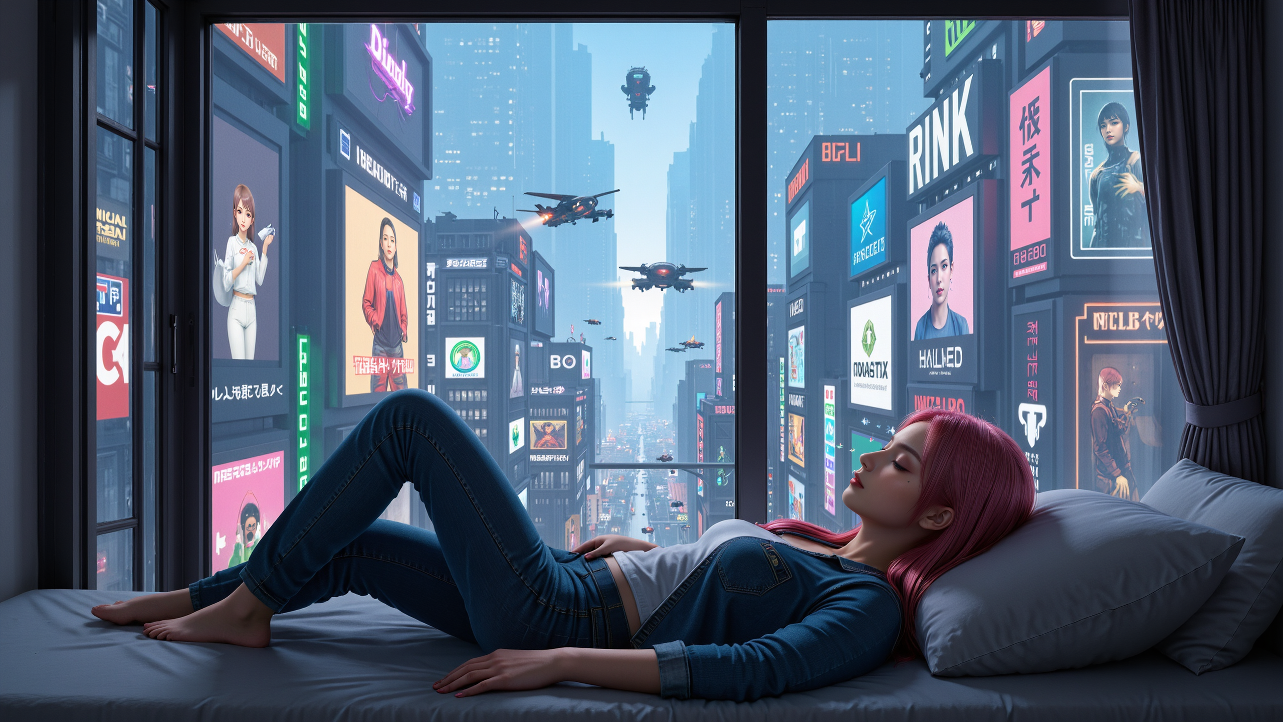 Inside a high-rise apartment,a pink-haired 20-year-old girl lounges on a bed near the window,wearing a denim jacket and fitted jeans. The cyberpunk city beyond is alive with neon billboards,flying vehicles,and futuristic buildings. Her eyes reflect the city lights as she watches the world outside. The high-angle shot enhances the sense of immersion and futuristic ambiance.,<lora:yuukananri-base-02-flux:0.8>,yuukananri,she has a slender physique and a petite build,<lora:kcyberpunk-01:0.5>,kcyberpunk,