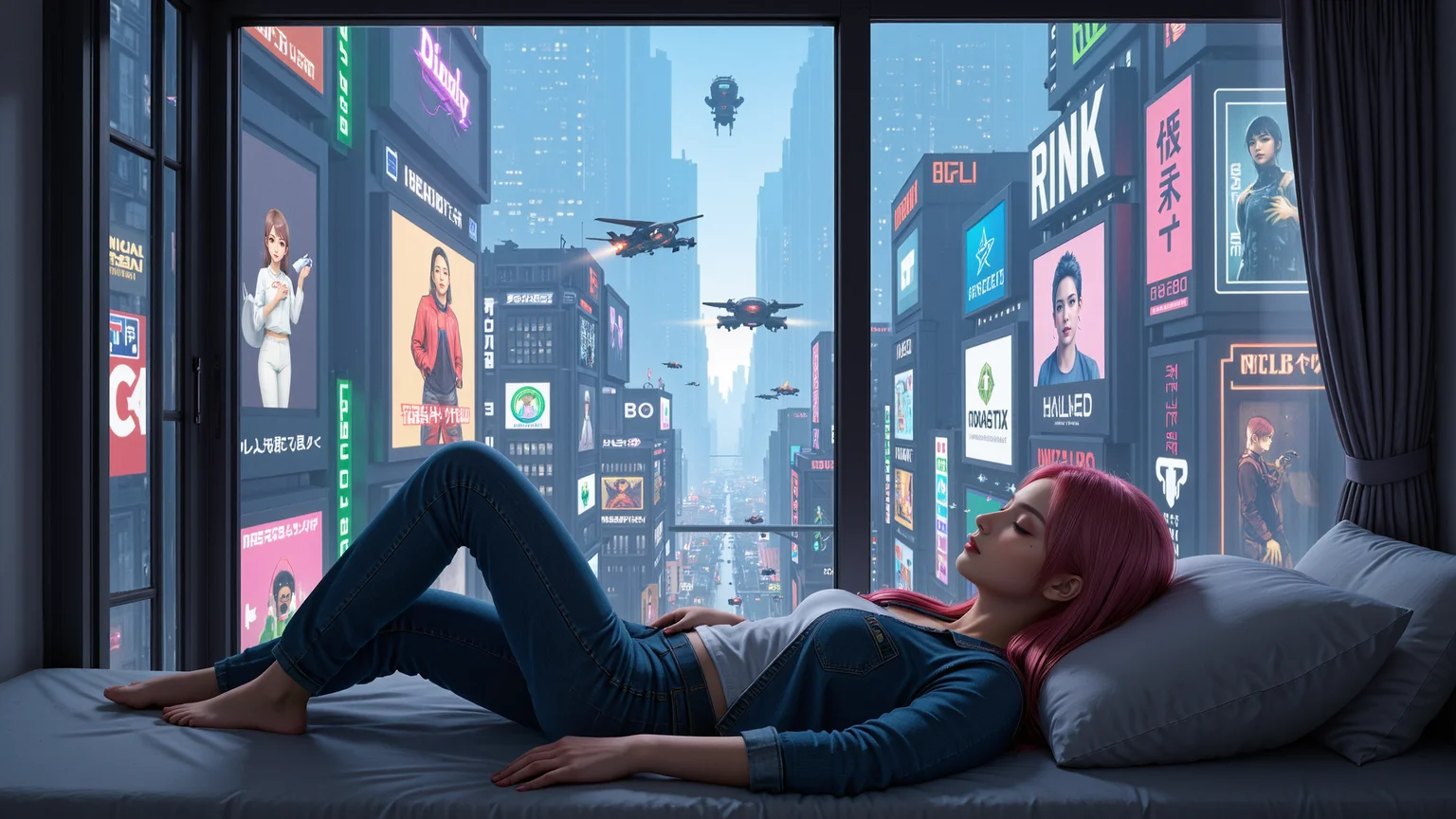 Inside a high-rise apartment,a pink-haired 20-year-old girl lounges on a bed near the window,wearing a denim jacket and fitted jeans. The cyberpunk city beyond is alive with neon billboards,flying vehicles,and futuristic buildings. Her eyes reflect the city lights as she watches the world outside. The high-angle shot enhances the sense of immersion and futuristic ambiance.,<lora:yuukananri-base-02-flux:0.8>,yuukananri,she has a slender physique and a petite build,<lora:kcyberpunk-01:0.5>,kcyberpunk,