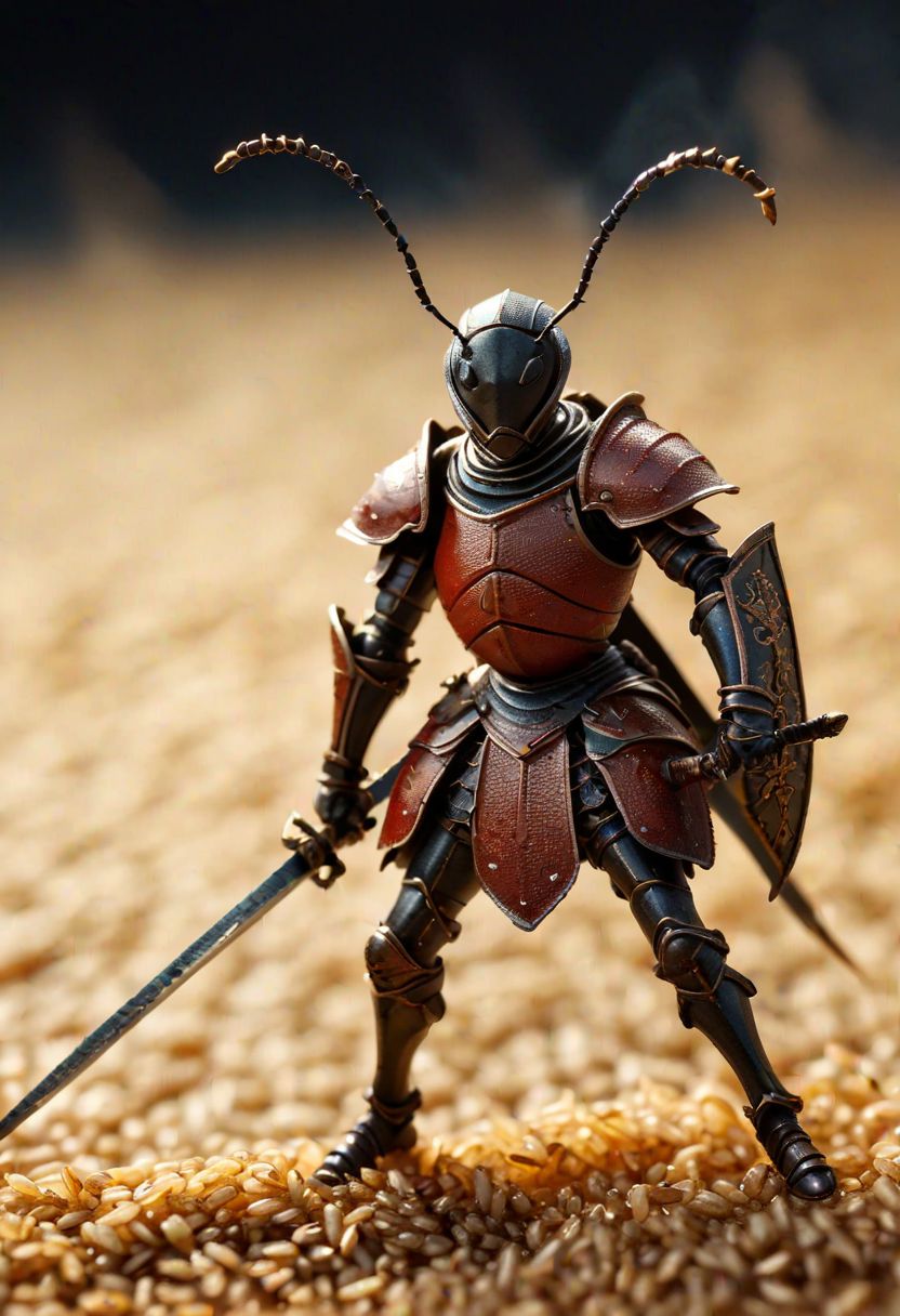 ant warrior, oversized grain of rice, Renaissance battle scene aesthetic, epic struggle, detailed ant armor,  swords crafted from splinters, dramatic lighting, dust swirls, miniature battlefield