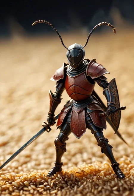 ant warrior, oversized grain of rice, Renaissance battle scene aesthetic, epic struggle, detailed ant armor,  swords crafted from splinters, dramatic lighting, dust swirls, miniature battlefield