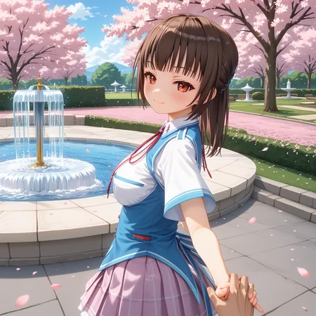 score_9, score_8_up, score_7_up, BREAK source_anime, (masterpiece), (best quality), 1girl, chihara_yukine, red colored eyes, blue colored schoolgirl outfit, light purple colored skirts, red colored eyes, brown colored hair, happy mood, cowboy shot, looking at viewer, smile, blush, closed mouth, half closed eyes, particles, (ultra detailed), colorful light, shine, lens flare, smile, holding hands, solo focus, pov hands, out of frame, at the park with fountain, pink cherry blossoms background, (from side:1), <lora:chihara-local:0.9>
