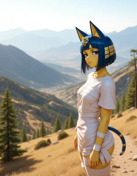 Semi-Realistic Style in a wide shot. Looking at viewer, outdoors in daylight, explicit
She is a 25 year old mature woman, and adult, Bored with half-lidded eyes, a slack expression, and a sigh of disinterest.
<lora:Animal_Crossing_-_Ankah_V2_000030:1> she is an egyptian woman with yellow skin, with cat ears. Blue hair in a bob cut with blunt bangs, she is a furry female with a cat tail. Wearing a
White shirt designed to resemble mummy bandages, wrapping around the torso for a classic Egyptian undead look.â
A woman pauses on a winding mountain trail, breathing deeply of the crisp, cool air while taking in the panoramic view of the sprawling valley below, the horizon stretching far into the distance.