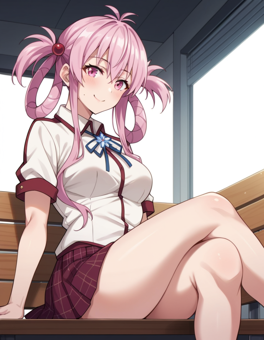 score_9, score_8_up, score_7_up, source_anime, uncensored, <lora:StS_detail_slider_v1:3>, zPDXLxxx, <lora:Momo_Sakurabara_PONYXL_VexVexX:1>, MomoSakurabara, 1girl, pink eyes, pink hair, twintails, hair rings, sidelocks, hair bobbles, hair ornament, bangs, mole under mouth, medium breasts, school uniform, ribbon, plaid skirt, pleated skirt, cowboy shot, indoors, from side, Sitting on a bench with legs stretched out and feet flat on the ground, leaning back with hands resting on the bench behind, thighs, looking at viewer, smile,