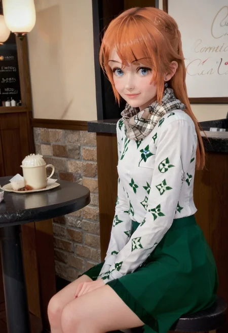 score_9_up, score_8_up, score_7_up, rating_sensitive, 1girl, sitting, coffee shop, side view, smiling, light_blush, skirt riding up, slim figure, indoor, natural light, soft shadows, very detailed background, highres, intricate detail, beautiful detailing, depth_of_field, cinematic lighting, warm colors, soft focus, vibrant, high quality, photo realistic, hyper detailed, professional lighting, elegant composition, masterfully rendered, winter_molly