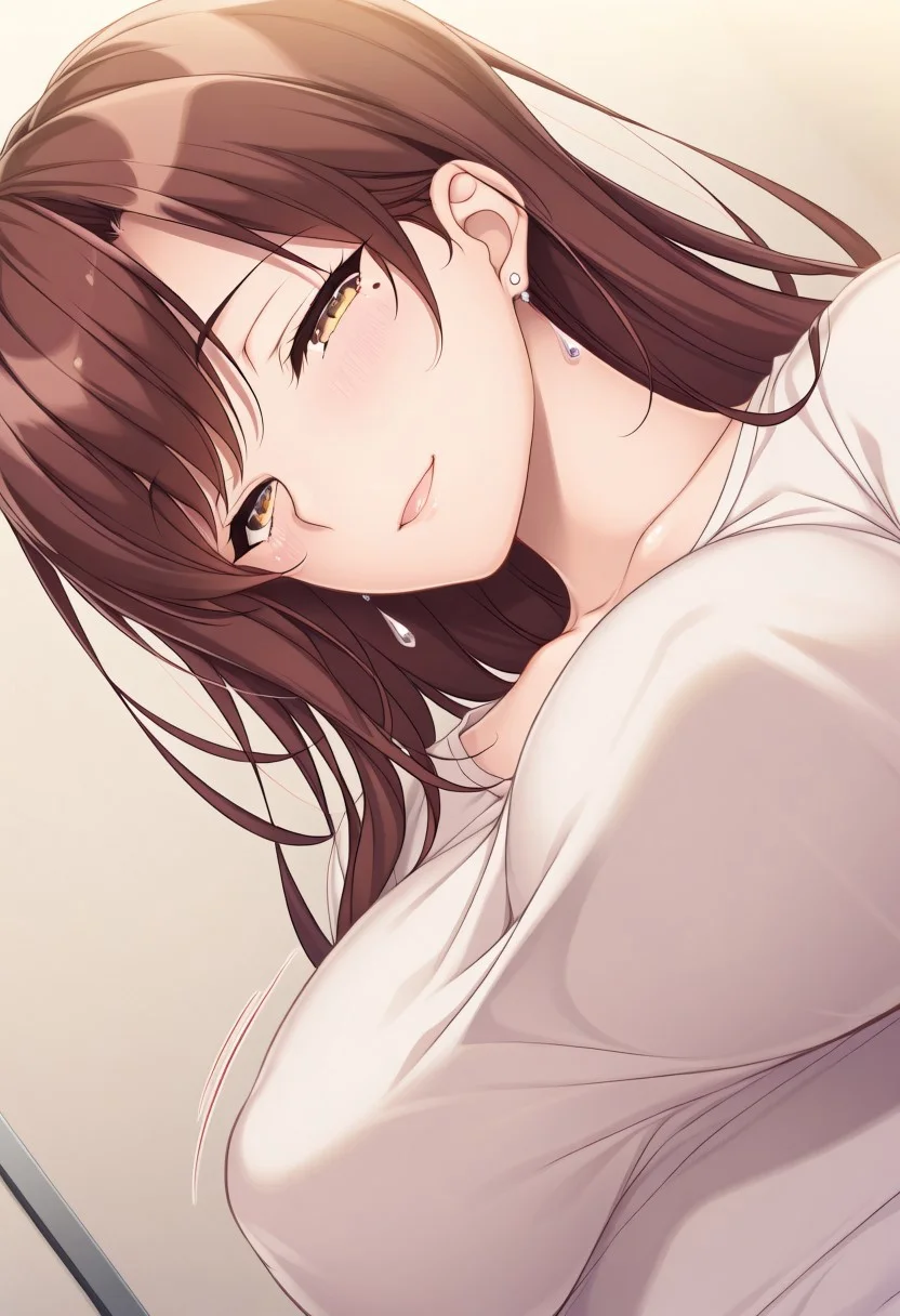 masterpiece, best quality, newest, highres, uncensored, 1girl, yokota mamoru style,1girl, slender face，motion lines,torogao,looking at the viewer,seductive smile,blush
Tachibana Iori,Brown Hair, Ponytail, Sidehair, Straight Hair, Waist Length Hair,Long Hair,Amber Eyes,Big Breasts, Mole, Slim
Slim solo, open eyes, earrings, jewelry, long hair, blush, close-up,, dutch angle, portrait,happy