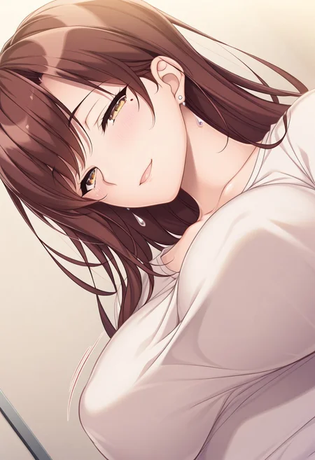 masterpiece, best quality, newest, highres, uncensored, 1girl, yokota mamoru style,1girl, slender face,motion lines,torogao,looking at the viewer,seductive smile,blush
Tachibana Iori,Brown Hair, Ponytail, Sidehair, Straight Hair, Waist Length Hair,Long Hair,Amber Eyes,Big Breasts, Mole, Slim
Slim solo, open eyes, earrings, jewelry, long hair, blush, close-up,, dutch angle, portrait,happy