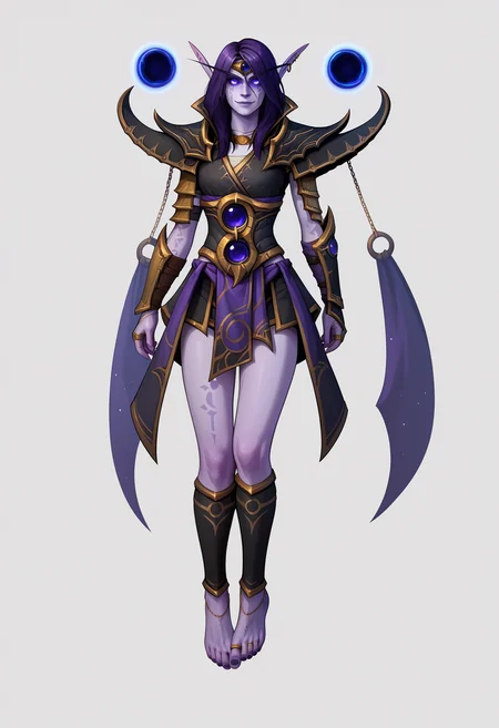 score_9, score_8_up, score_7_up, BREAK,
1girl, xalatah, purple hair, long hair, purple eyes, colored skin, purple skin, glowing eyes,
pointy ears, elf, earrings,
void sphere,
anklet, armor, bracelet, bracer, pauldrons, shoulder armor, vambraces,
barefoot, toe ring, toenails, floating,
evil smile, full body, looking at viewer, solo, simple background, white background <lora:XalAtahXL_byKonan:1>