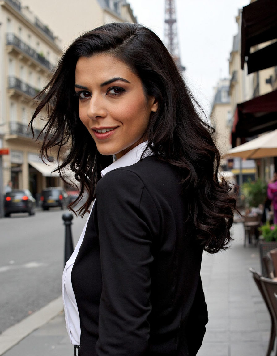 Modern portrait of a Paris fashion lady, dressed in the latest haute couture with sleek lines and sophisticated details, set against a chic urban background of Parisian architecture, featuring elements like the Eiffel Tower in the distance and stylish cafes, cinematic composition, trending on Artstation. She is looking over her shoulder at viewer.