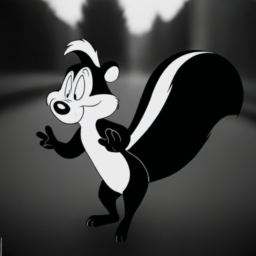 cinematic photo a cartoon character with a big furry black and white tail, walking in the street <lora:Pepe1024:0.8> . 35mm photograph, film, bokeh, professional, 4k, highly detailed