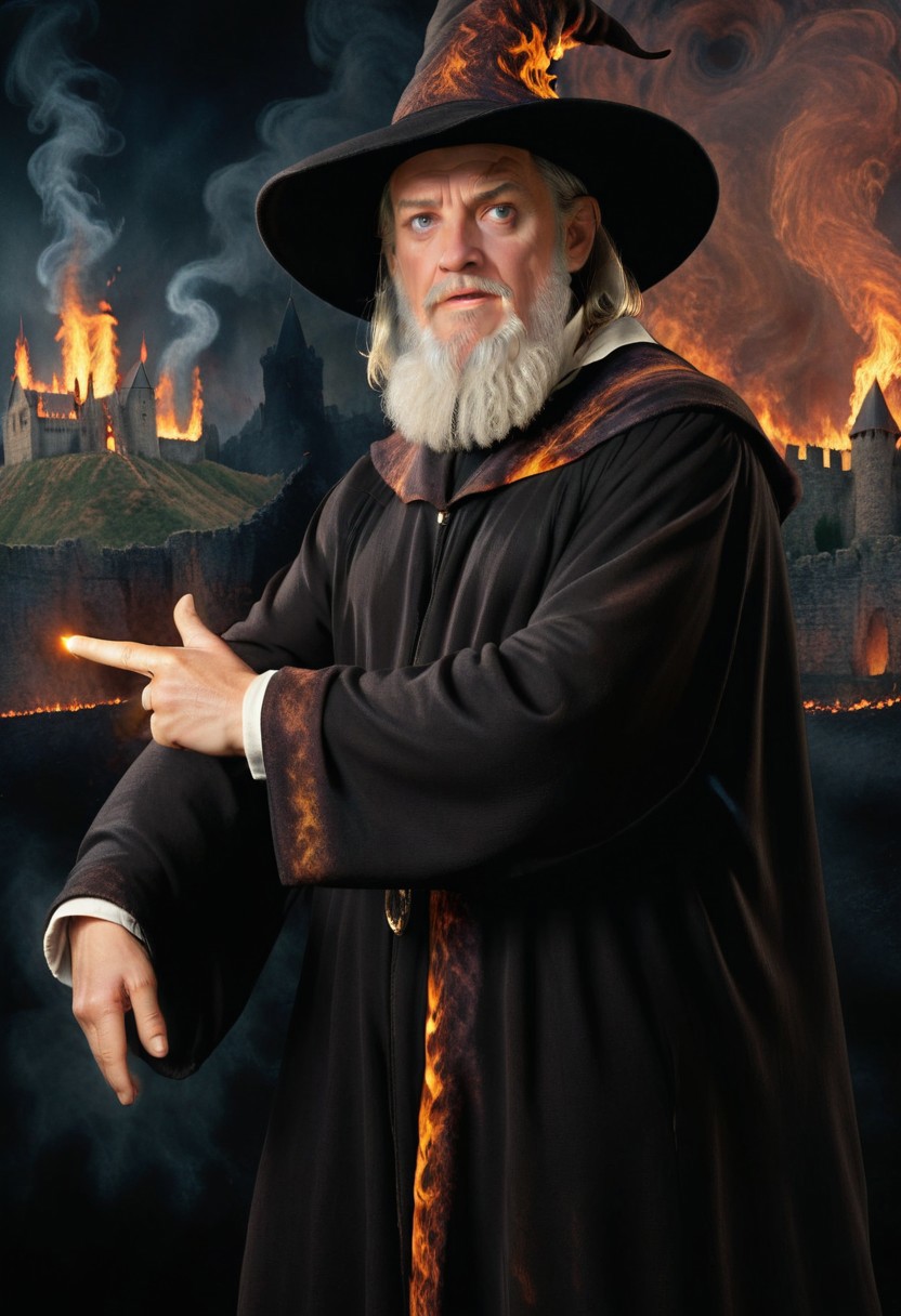 lazympos, photo, realistic, allori, solo, dark background, pointing, looking at viewer, facing viewer, man, wizard, robe, hat, beard, fine art parody, burning castle in the distance