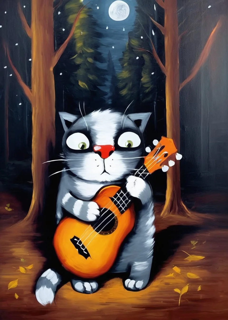 half body portrait (sad:1.2) cat with gutar night in the forest on BG oil painting art <lora:LojkinXL:0.8> <lora:add-detail-xl:0.6>