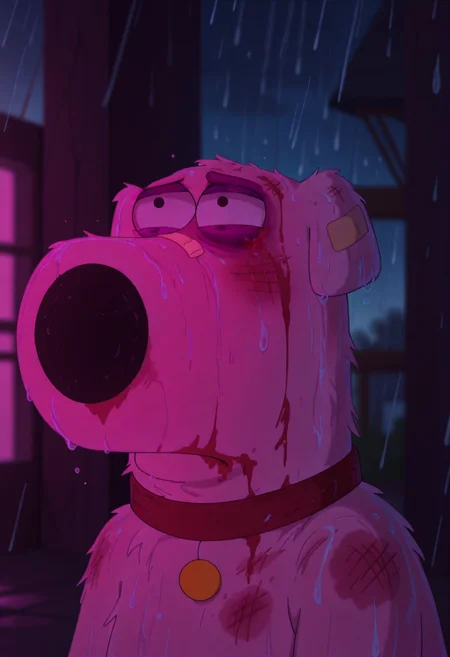masterpiece, best quality, amazing quality, br1angf, domestic dog, small dog, red collar, gold dog tag, (messy fur:0.8), wet, bruise, scratches, injury, portrait, bandaid on nose, blurry background, pink lighting, night, dark, pink theme, blood on face, rain,
