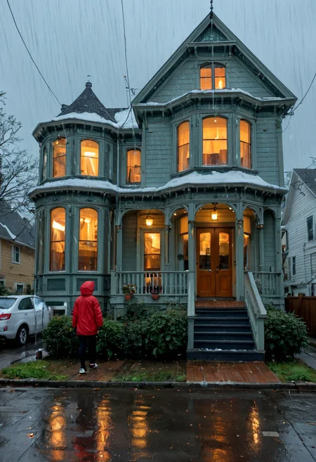 score_9,score_8_up,score_7_up, cold, raining overcast day, dark, 3+girls,  African-American women, medium breasts, wearing winter urban streetwear, standing on stoop of a 2-story house,  Oakland, (arched windows, bay windows, transom, small cornice, clapboard siding ,trim, ornate molding, columns on portico,  human scale, whole house in frame, tree,  power lines, telephone lines, car parked in front, circa 2025, fence, bushes, front view,  straight on,  short cornice, short architrave, white paint, clapboard siding, whole house in frame, Italianate:0.7),   v1ct0r14n <lora:Victorian_House_Pony:1> , dramatic, cinematic, movie scene, dynamic action