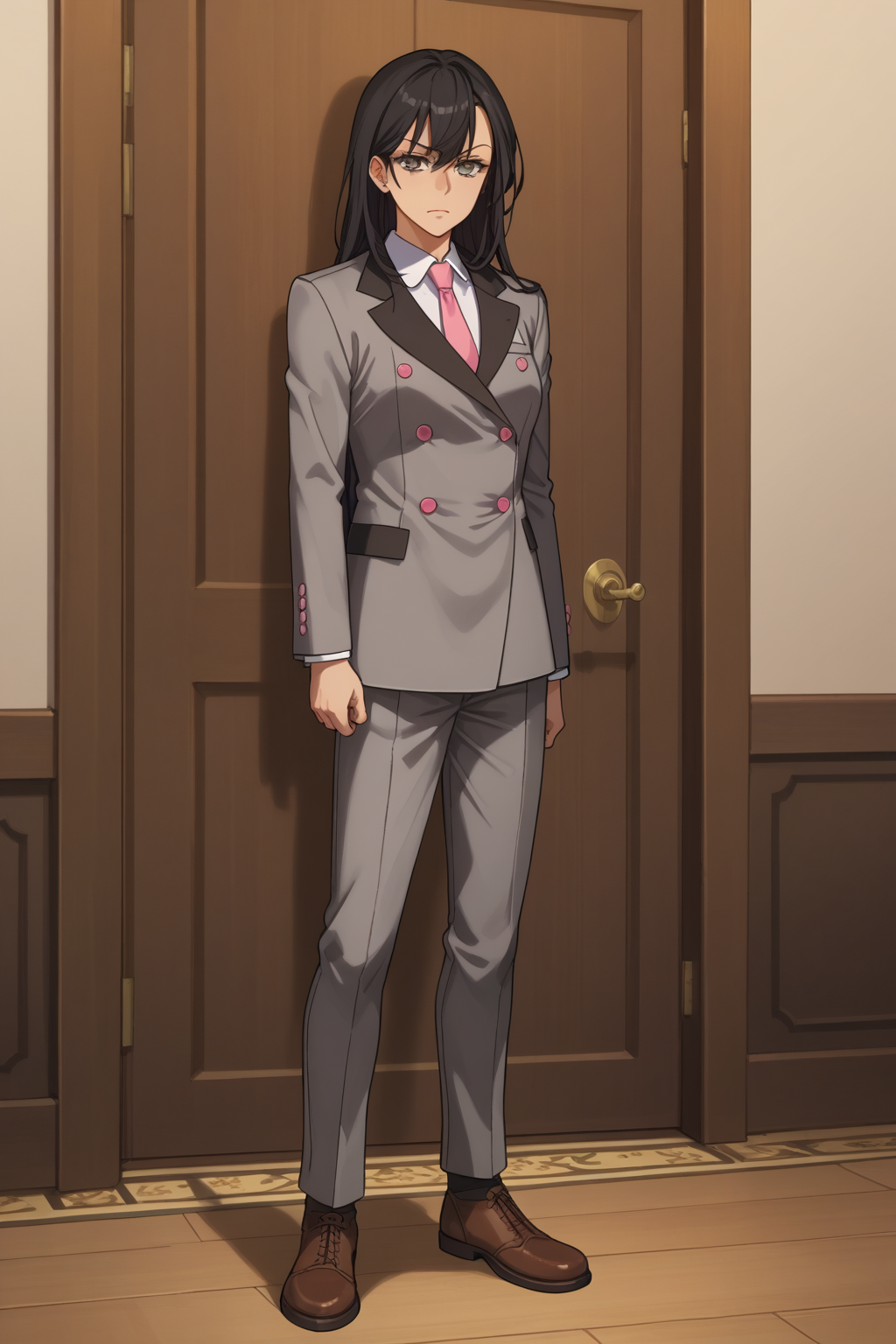 score_9, score_8_up, score_7_up, score_6_up, score_5_up, score_4_up, masterpiece, high quality, BREAK, full body, BREAK, 1girl,  <lora:Wendy Sato:0.8> Black hair, grey eyes, large breasts, grey suit, pink necktie, gauntlets, katana,