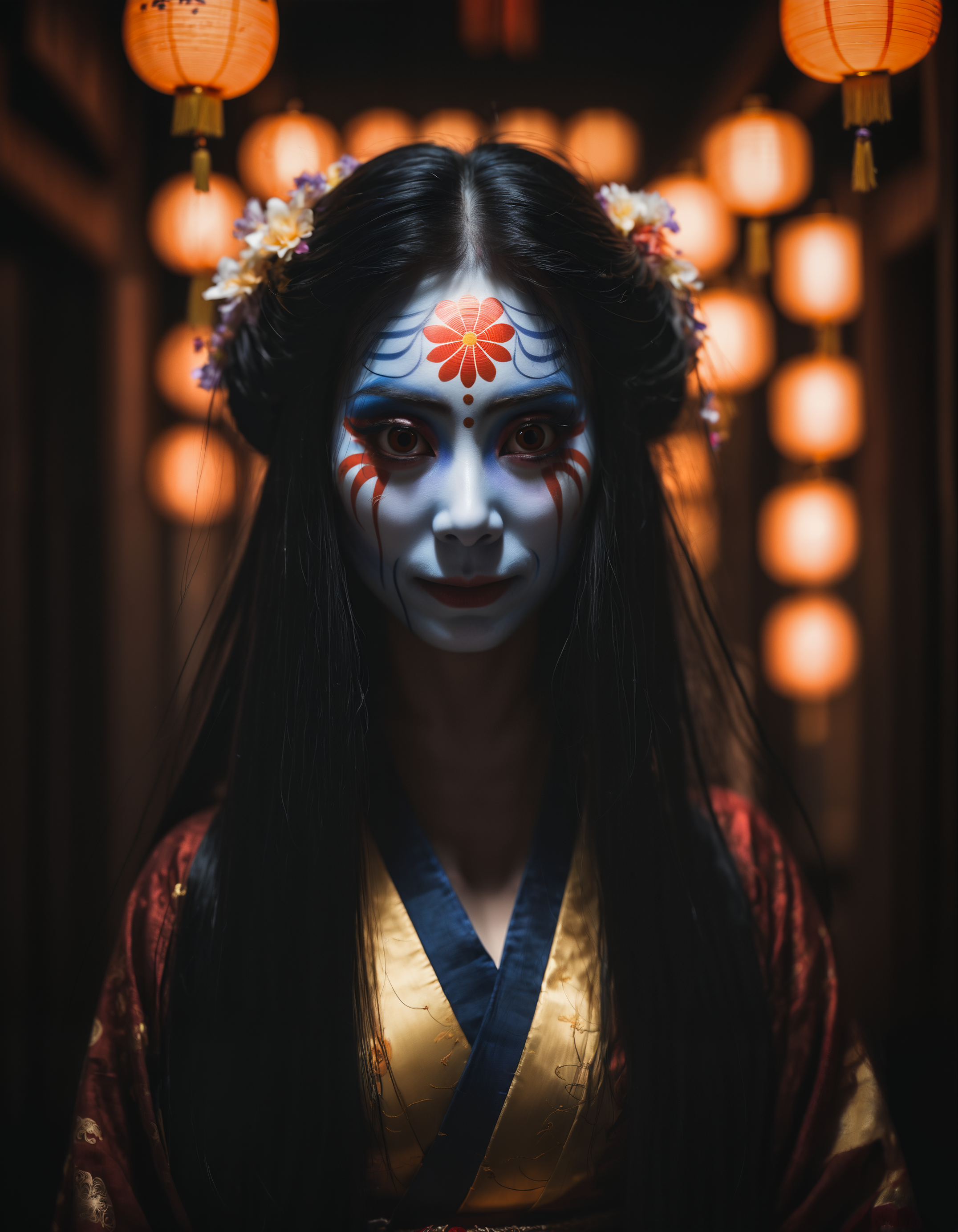 dark macro photo of face of a woman with extremely long hair as japanese geisha with face paint, glowing eyes, detailed iris, detailed eyes, bright pupils, looking down, low camera angle, clenched teeth, crazy smile, chiaroscuro, dark, 35mm cinematic, atmospheric lighting, bokeh, high detail,