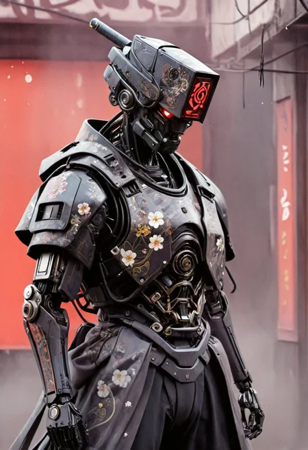 outdoors, Create a HR Giger inspired, mystical, and high-resolution image of a humanoid robot with intricate mechanical components. Open mouth, The character should be depicted in a manga cover style with wealthy portraiture and poster art elements. The image should feature rich colors and high contrast, focusing on the best quality, official art, and a beautiful and aesthetic appearance. Include fractal art elements and a colorful background with a splash of color. Use a movie perspective and an advertising style, similar to a magazine cover. Cyborg samurai should be shown solo, wearing Japanese clothes and armor, and standing in a cowboy shot pose. The robot should have a outworn shirt, tattoos, muscular abs, shoulder armor, and a metallic colorful Neon flowers in the background. Emphasize a samurai theme with a cyberpunk scenery background and translucent dark-red elements.