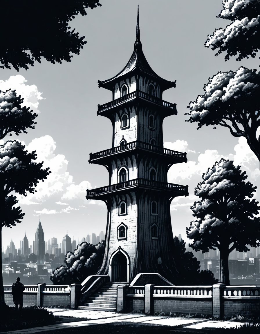 greyscale, monochrome, no humans, tree, scenery, traditional media, tower, building, outdoors, ral-fltpn <lora:ral-fltpn:1>