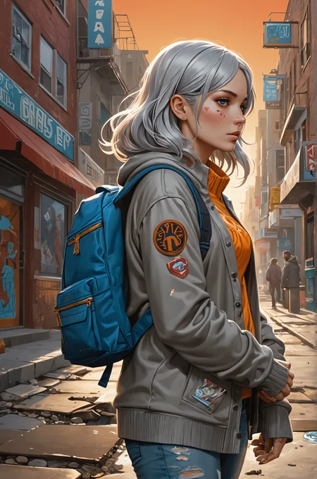 art by Tristan Eaton, painting, city street, Weary (Female:1.2) , covered in Mud, Draped Skinny jeans and cardigan, Meditation pose, Gray hair, Rugged Backpack and Bindi, at Sunrise, Regret, Primary Colors, trending on artstation