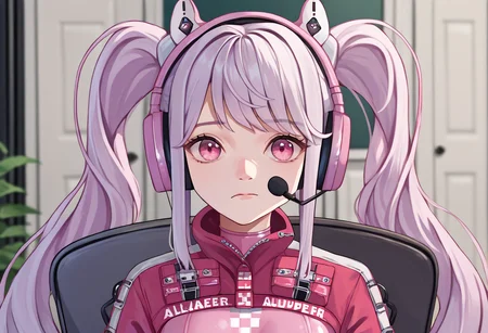 score_9, score_8_up, score_7_up, source_anime, solo, 1girl, alicedef, sadlinus, headset, chair, indoors, twintails, very long hair, grey hair, pink eyes, pink bodysuit, shrug \(clothing\), latex <lora:concept_sadlinus_ponyXL:1> <lora:alice-nikke-richy-v1_pdxl:1>