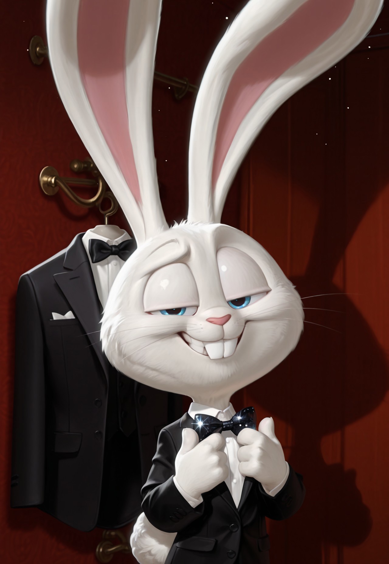 masterpiece, amazing quality, absurdres, ultra-detailed, detailed fluffy fur, no humans, furry male, solo, short, alec_azam, 1boy, white fur, blue eyes, whiskers, buck teeth, grin, teeth, rabbit tail, long ears, (droopy ears:1.1), unaligned ears, smug, half-closed eyes, eyelids, black suit jacket, white shirt, black bowtie, sequined bowtie, sparkly bowtie, glitter bowtie, collared shirt, adjusting bowtie, hands up, fluffy, body fur, fewer digits, 4 fingers, looking at viewer, big head, upper body, raised eyebrow, 
BREAK
closet, indoors, dressing room, shadow, light particles, detailed shading, WaiIL25PosC