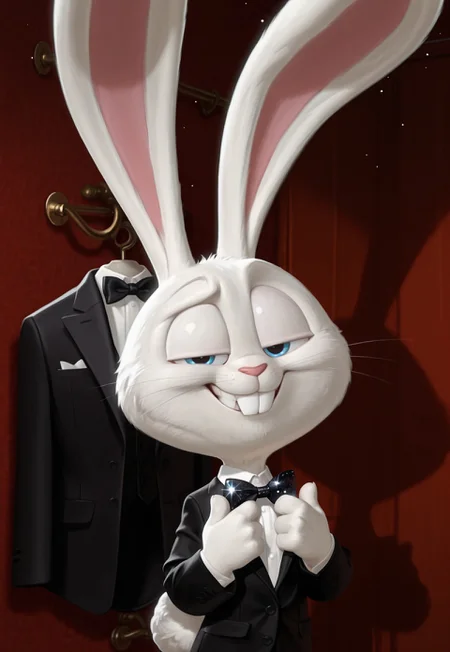 masterpiece, amazing quality, absurdres, ultra-detailed, detailed fluffy fur, no humans, furry male, solo, short, alec_azam, 1boy, white fur, blue eyes, whiskers, buck teeth, grin, teeth, rabbit tail, long ears, (droopy ears:1.1), unaligned ears, smug, half-closed eyes, eyelids, black suit jacket, white shirt, black bowtie, sequined bowtie, sparkly bowtie, glitter bowtie, collared shirt, adjusting bowtie, hands up, fluffy, body fur, fewer digits, 4 fingers, looking at viewer, big head, upper body, raised eyebrow,
BREAK
closet, indoors, dressing room, shadow, light particles, detailed shading, WaiIL25PosC