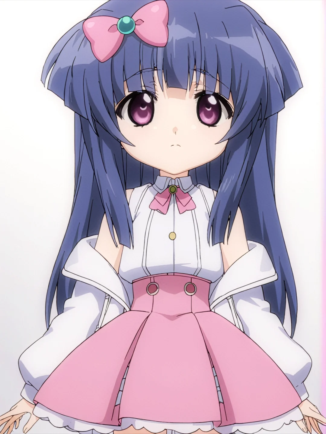 masterpiece, best quality, very aesthetic, absurdres, anime coloring, <lora:DSDXL_LoRA_V1:0.8>, <lora:r0P00W0n0j0O0k0LqSDXL_LoRA_V1>, 1girl, solo, furude rika, yangazi (dkwl025), (tween:1.2), kawaii, blue hair, purple eyes, long hair, blunt bangs, bangs, simple background, white background, thighhighs, jacket, skirt, pink skirt, off shoulder, white jacket, white footwear, bow, white thighhighs, shoes, shirt, hair bow, closed mouth, sleeveless shirt, white shirt, long sleeves, looking at viewer, open jacket, pink bow, sleeveless, collared shirt, pleated skirt, open clothes, puffy long sleeves, puffy sleeves, high-waist skirt, bare shoulders, looking at viewer, upper body
