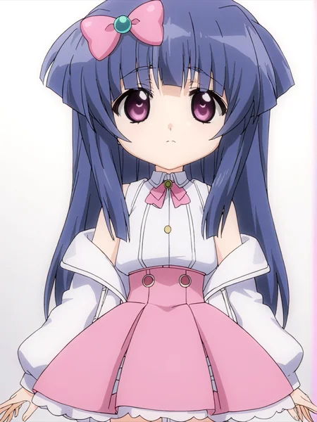 masterpiece, best quality, very aesthetic, absurdres, anime coloring, <lora:DSDXL_LoRA_V1:0.8>, <lora:r0P00W0n0j0O0k0LqSDXL_LoRA_V1>, 1girl, solo, furude rika, yangazi (dkwl025), (tween:1.2), kawaii, blue hair, purple eyes, long hair, blunt bangs, bangs, simple background, white background, thighhighs, jacket, skirt, pink skirt, off shoulder, white jacket, white footwear, bow, white thighhighs, shoes, shirt, hair bow, closed mouth, sleeveless shirt, white shirt, long sleeves, looking at viewer, open jacket, pink bow, sleeveless, collared shirt, pleated skirt, open clothes, puffy long sleeves, puffy sleeves, high-waist skirt, bare shoulders, looking at viewer, upper body