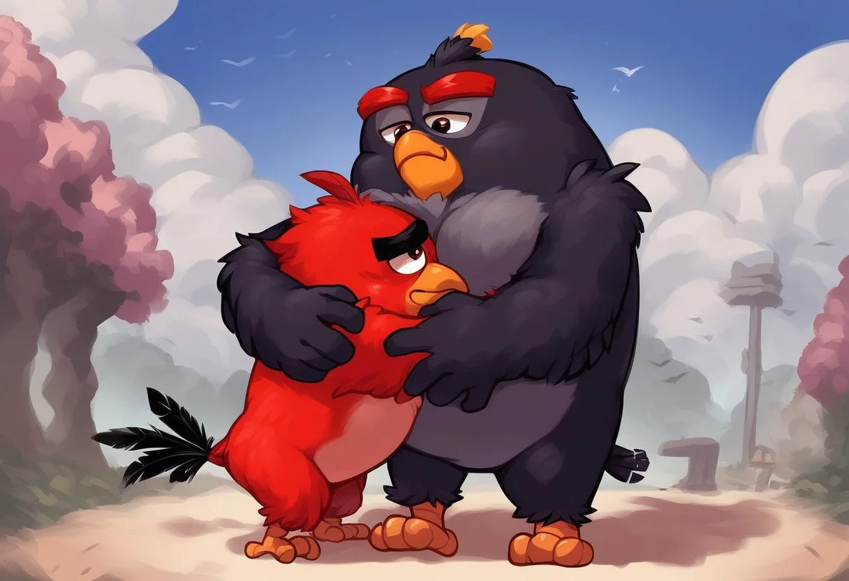 angry birds, score_9, score_8_up, score_7_up, score_6_up, score_5_up, score_4_up, source_furry, hi res, sfw. 2D artwork, duo
Character A: red_bird, red plumage, robust body, black eyebrows, thick eyebrows, small beak, brown eyes, round body, red head tuft, tail feathers, feathered hands, winged arms, under-eye circles, bird, short legs, avian feet
Character B: bomb_bird, black avian, black plumage, large size, spherical body, grey belly, chubby, beak, head tuft, red eyebrows, short beak, large beak, feathered hands, winged arms, stubby legs, small eyes
Pose: hug, hugging, size difference, Character A hugging Character B, hugging each other, Bomb hugging Red, Red&Bomb, Bomb&Red
On a park, blue sky, clouds.