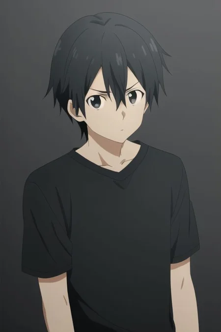 high resolution, professional photography, best quality, 1Boy, Kazuto Kirigaya, Black Hair, Black Eyes, dark t-shirt, looking at viewer, focused gaze forward, plain background, straight body, head upright,