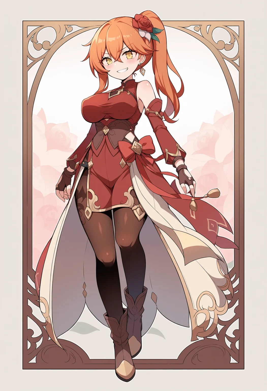 score_9, score_8_up, score_7_up,source_anime,anatomically correct,best perspective BREAK
<lora:Hakika:1> hakika style, floral background,
1girl, <lora:Guinaifen:0.7> GuinaifenBren,red hair, long hair, ponytail, orange hair,blonde hair, hair flower, yellow eyes, hair between eyes, large breasts,red dress, gloves, armpits, stomach,pantyhose,boots, blush, earrings, brown gloves, black pantyhose, jewelry, long sleeves, sleeveless dress, high heels, grin, fingerless gloves.