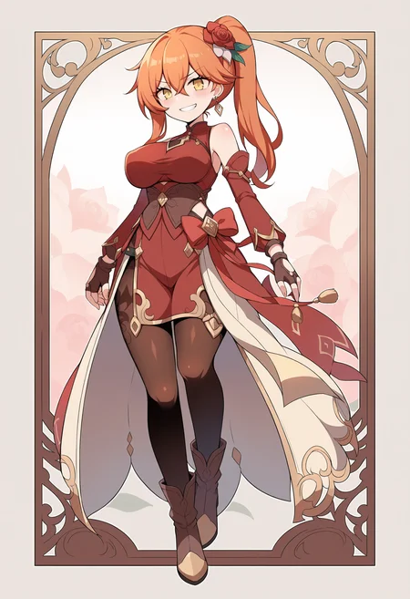 score_9, score_8_up, score_7_up,source_anime,anatomically correct,best perspective BREAK
<lora:Hakika:1> hakika style, floral background,
1girl, <lora:Guinaifen:0.7> GuinaifenBren,red hair, long hair, ponytail, orange hair,blonde hair, hair flower, yellow eyes, hair between eyes, large breasts,red dress, gloves, armpits, stomach,pantyhose,boots, blush, earrings, brown gloves, black pantyhose, jewelry, long sleeves, sleeveless dress, high heels, grin, fingerless gloves.