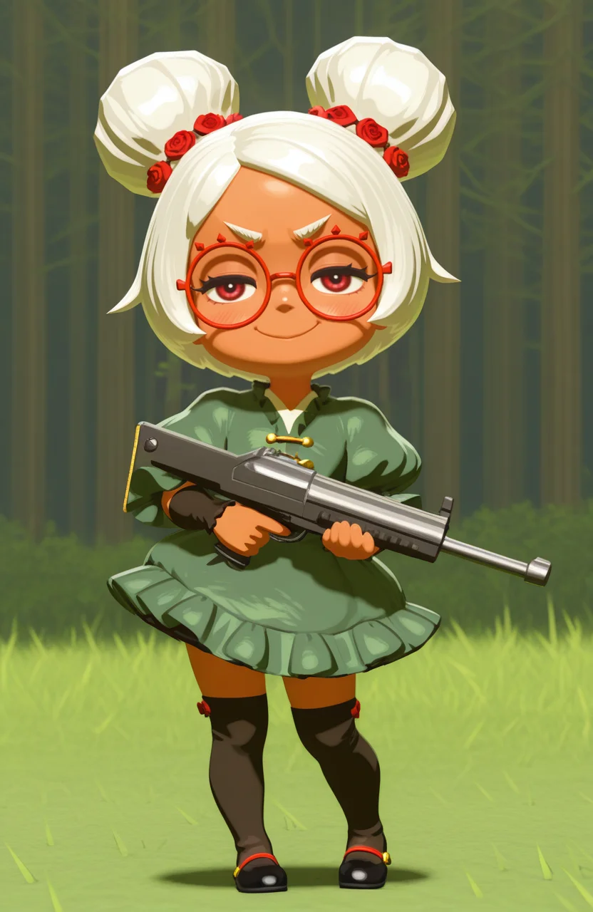 <lora:anatomy_helper:0.8> 1girl, solo, full body, nuclear powerplant, doyagao, proud, happy, smug, ^ ^, v-shaped eyebrows, = =, closed eyes,, solo, standing, holding gun, cowboy shot,, 3d,
<lora:LilPurah-IL:0.8> prhmini, red eyes, red-framed eyewear, red-framed eyewear, dark-skinned female, white hair, double bun, chibi, enchanted forest dress, ruffled layers, puffed sleeves, overknee socks, rose accessory, extremely detailed, highres, masterpiece, best quality
