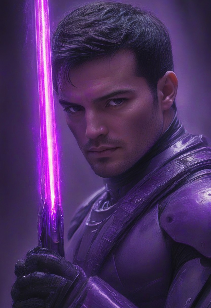 photo, 1man, closeup portrait, purple 
plasma sword