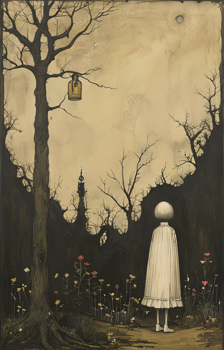 masterpiece,best quality,<lora:tbh219-sdxl:0.9>,illustration,style of John Kenn Mortensen A bottle of perfume in garden