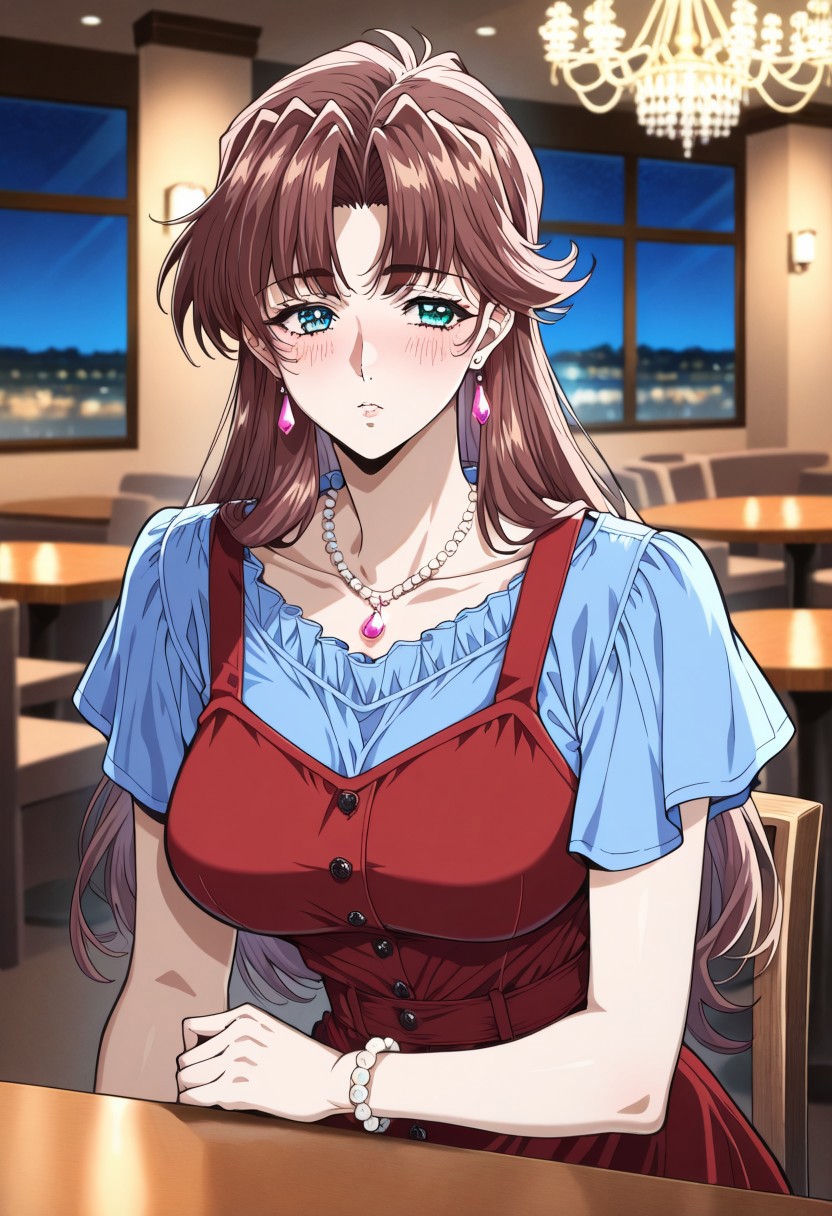 masterpiece, best quality, newest, highres, uncensored, 1girl, yokota mamoru style,1girl, slender face，motion lines,blush
Zeroshiki Makoto,Brown Hair, Long Hair, Parted in Middle,Teal Eyes,Pendant Earrings, Pendant Necklace
pink earrings, collarbone, white bracelet, shirt under dress, red necklace, beads, red dress, casual, pinafore dress, transparent shirt with frilled collar, blue shirt, short sleeves, restaurant, night, evening, ceiling light, chair, chandelier, dining room, indoors, interior, night, night sky, sky, table, window, blurry background, masterpiece