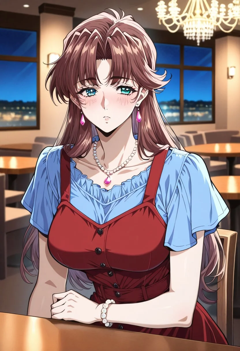 masterpiece, best quality, newest, highres, uncensored, 1girl, yokota mamoru style,1girl, slender face，motion lines,blush
Zeroshiki Makoto,Brown Hair, Long Hair, Parted in Middle,Teal Eyes,Pendant Earrings, Pendant Necklace
pink earrings, collarbone, white bracelet, shirt under dress, red necklace, beads, red dress, casual, pinafore dress, transparent shirt with frilled collar, blue shirt, short sleeves, restaurant, night, evening, ceiling light, chair, chandelier, dining room, indoors, interior, night, night sky, sky, table, window, blurry background, masterpiece