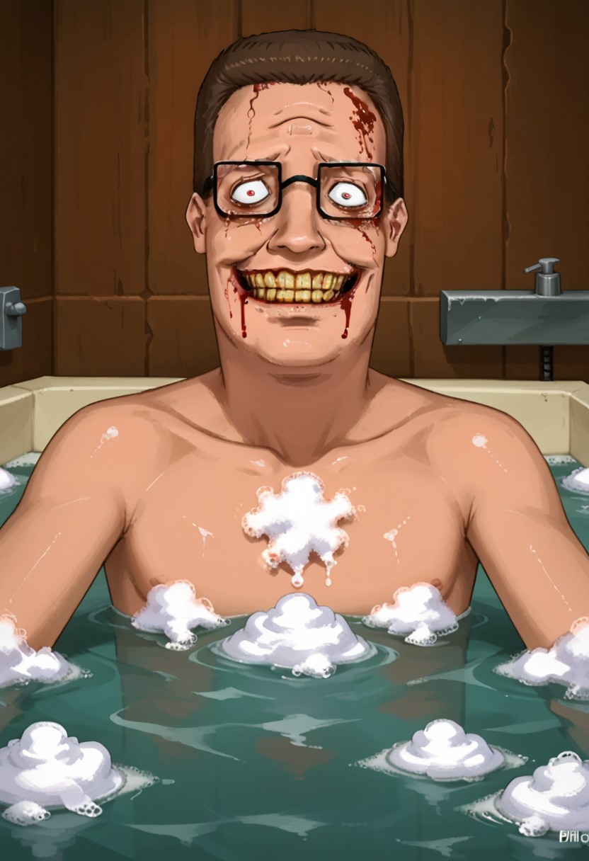 convenient censoring, soap censor,
man bathing, hank hill, solo, glasses, no clothing, (psychotic smile:1.1), (evil expression:1.1), Partially submerged, (soap censor),(bulging eyes:1.2), smiling at viewer, grin, evil smile, Sinister_Smile, blood on face, shadow on the face, Yellow_Teeth, Macabre, Terror, blood running down body, Menacing_Smile, full body, Disturbing_Expression, bloody mouth,(bloody eyes:1.1), Grotesque_Style, Intense_Colors, Dark_Contrast, staring at viewer, 
(convenient censoring), fully nude, SFW