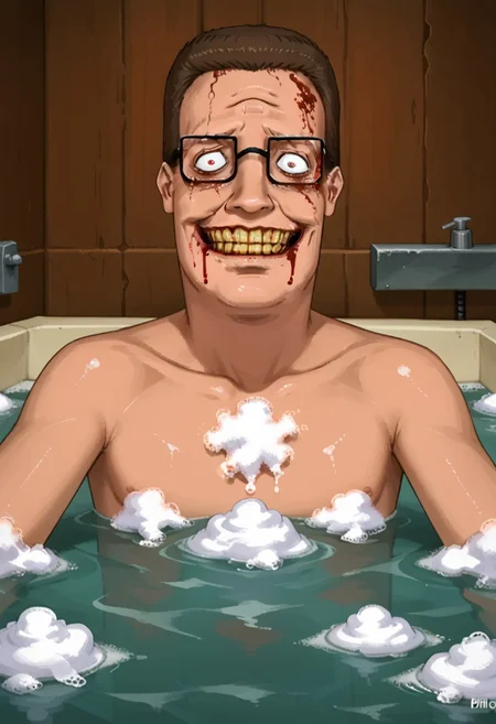 convenient censoring, soap censor,
man bathing, hank hill, solo, glasses, no clothing, (psychotic smile:1.1), (evil expression:1.1), Partially submerged, (soap censor),(bulging eyes:1.2), smiling at viewer, grin, evil smile, Sinister_Smile, blood on face, shadow on the face, Yellow_Teeth, Macabre, Terror, blood running down body, Menacing_Smile, full body, Disturbing_Expression, bloody mouth,(bloody eyes:1.1), Grotesque_Style, Intense_Colors, Dark_Contrast, staring at viewer,
(convenient censoring), fully nude, SFW