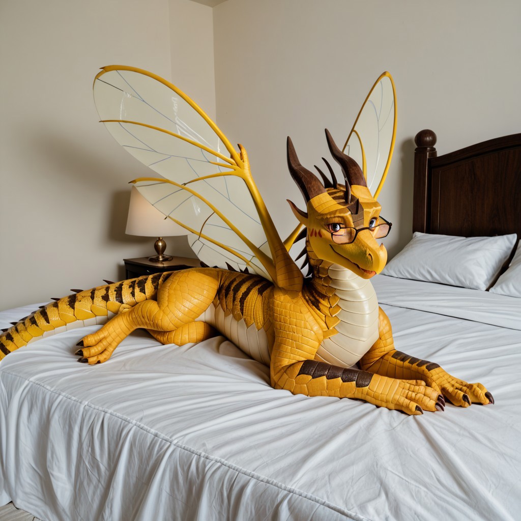 core_9, score_8_up, score_7_up, score_6_up, masterpiece, high quality, realistic, detailed, best quality, 1girl, solo, rating_safe, source_furry, bedroom, smiling, seductive, looking at viewer, lying on bed, negative_hand, lying on bed, Hivewing, yellow black scales, four wings, wasp wings, dragon, horns, claws, scales, wings, tail, feral, Cricket_wof, glasses, female, 1girl, facing front