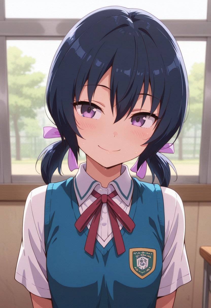 masterpiece,best quality,amazing quality, funabori, dark blue hair, purple eyes, twintails, 1girl, solo, school uniform, smile, ribbon,  low twintails, hair ribbon